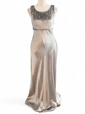 De Laru by Linda Bernell Vintage Silver Velvet & Satin Maxi Dress | Size 7/8